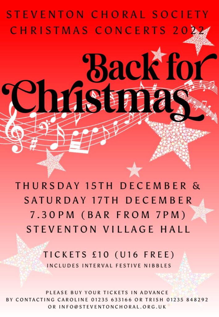 Poster advertising Steventon Choral Society's Christmas concerts on 15 and 17 December 2022